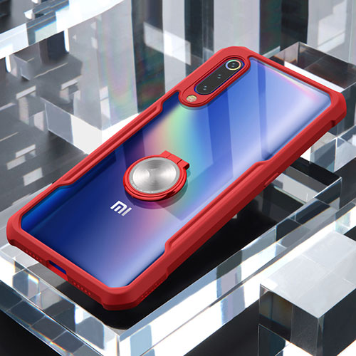 Silicone Transparent Mirror Frame Case 360 Degrees with Magnetic Finger Ring Stand for Xiaomi Mi 9 SE Red