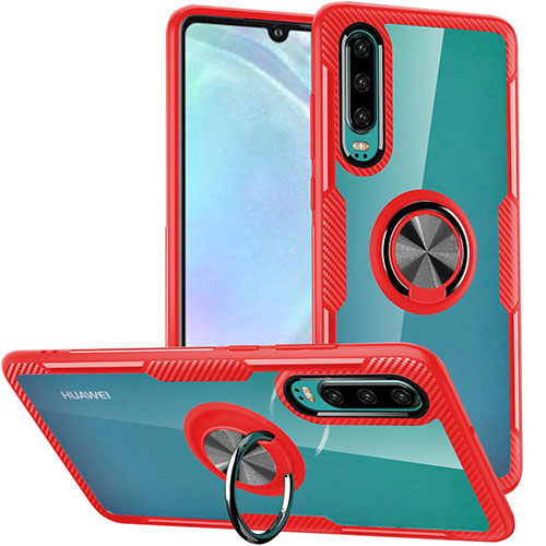 Silicone Transparent Mirror Frame Case 360 Degrees with Magnetic Finger Ring Stand S01 for Huawei P30 Red