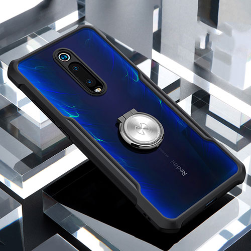 Silicone Transparent Mirror Frame Case 360 Degrees with Magnetic Finger Ring Stand T01 for Xiaomi Mi 9T Pro Black