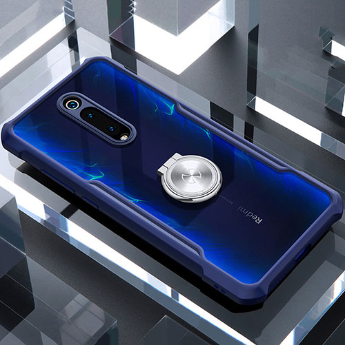 Silicone Transparent Mirror Frame Case 360 Degrees with Magnetic Finger Ring Stand T01 for Xiaomi Redmi K20 Pro Blue