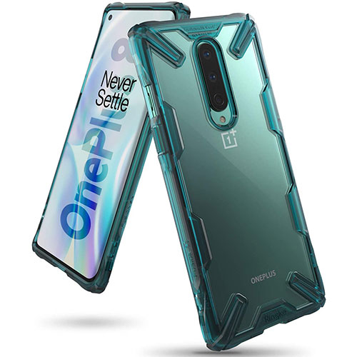 Silicone Transparent Mirror Frame Case Cover H02 for OnePlus 8 Cyan