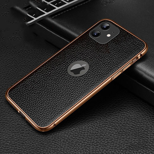 Soft Luxury Leather Snap On Case Cover R01 for Apple iPhone 11 Gold and Black