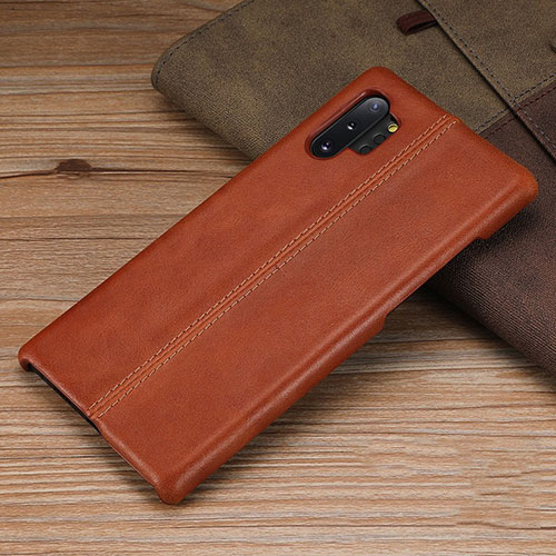 Soft Luxury Leather Snap On Case Cover R03 for Samsung Galaxy Note 10 Plus Brown