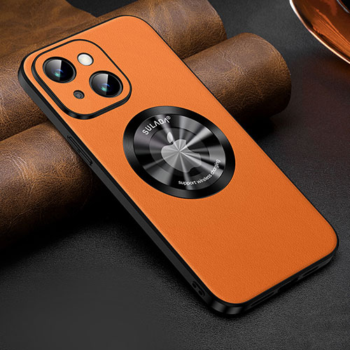 Soft Luxury Leather Snap On Case Cover with Mag-Safe Magnetic LD2 for Apple iPhone 14 Plus Orange