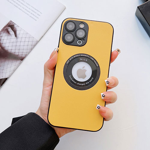 Soft Luxury Leather Snap On Case Cover with Mag-Safe Magnetic QC3 for Apple iPhone 14 Pro Max Yellow