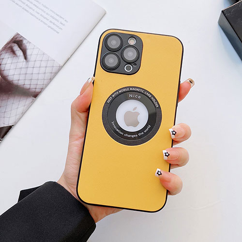 Soft Luxury Leather Snap On Case Cover with Mag-Safe Magnetic QC3 for Apple iPhone 15 Pro Max Yellow
