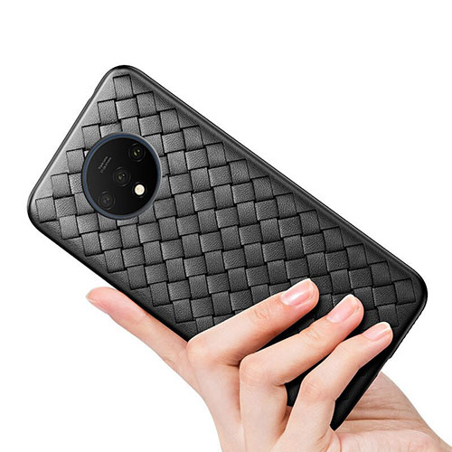 Soft Silicone Gel Leather Snap On Case Cover H01 for OnePlus 7T Black