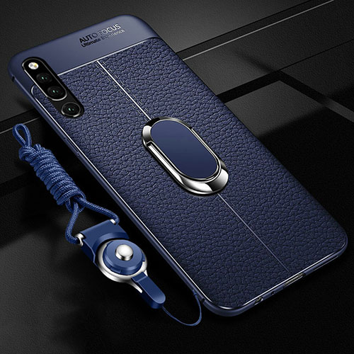 Soft Silicone Gel Leather Snap On Case Cover with Magnetic Finger Ring Stand A01 for Huawei Honor Magic 2 Blue