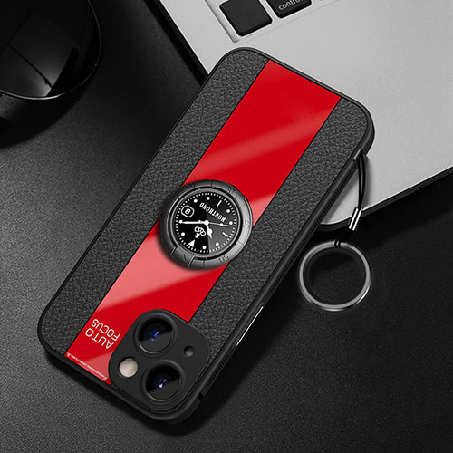 Soft Silicone Gel Leather Snap On Case Cover with Magnetic Finger Ring Stand for Apple iPhone 13 Mini Red