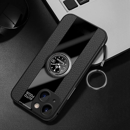 Soft Silicone Gel Leather Snap On Case Cover with Magnetic Finger Ring Stand for Apple iPhone 14 Plus Black