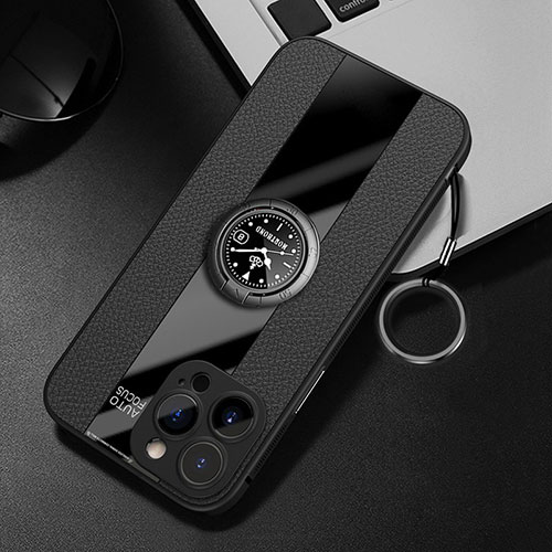 Soft Silicone Gel Leather Snap On Case Cover with Magnetic Finger Ring Stand for Apple iPhone 14 Pro Max Black