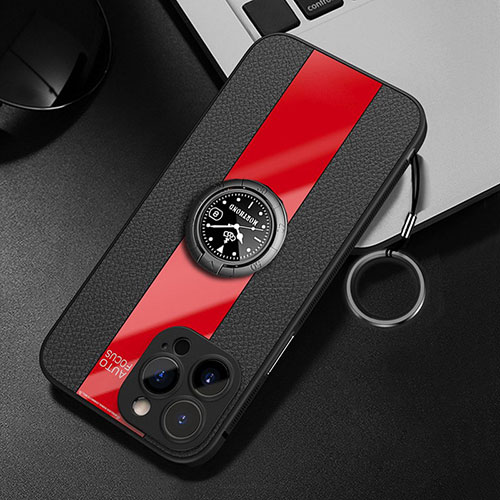 Soft Silicone Gel Leather Snap On Case Cover with Magnetic Finger Ring Stand for Apple iPhone 14 Pro Red