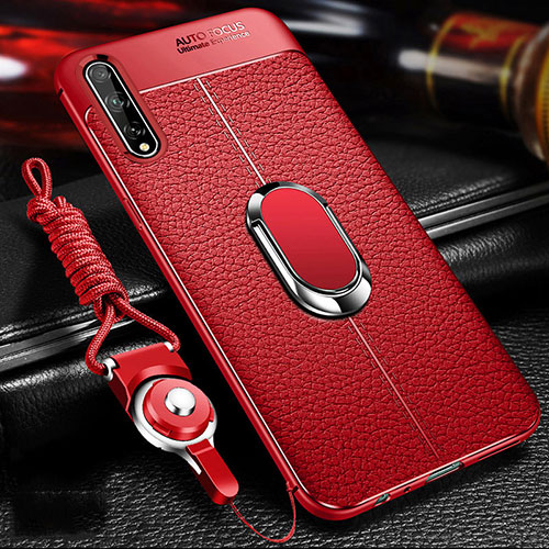 Soft Silicone Gel Leather Snap On Case Cover with Magnetic Finger Ring Stand for Huawei Enjoy 10S Red