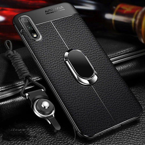 Soft Silicone Gel Leather Snap On Case Cover with Magnetic Finger Ring Stand for Huawei Honor 9X Black