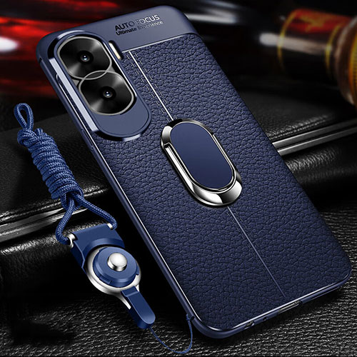 Soft Silicone Gel Leather Snap On Case Cover with Magnetic Finger Ring Stand for Huawei Honor X50i 5G Blue