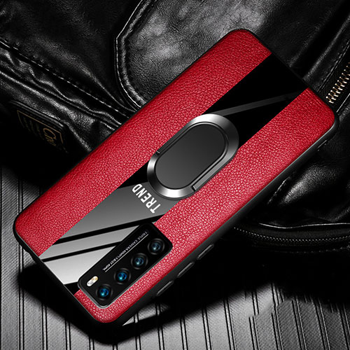 Soft Silicone Gel Leather Snap On Case Cover with Magnetic Finger Ring Stand for Huawei Nova 7 5G Red