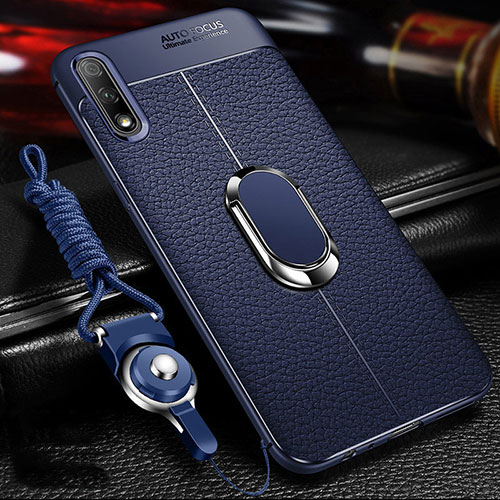 Soft Silicone Gel Leather Snap On Case Cover with Magnetic Finger Ring Stand for Huawei P Smart Z (2019) Blue