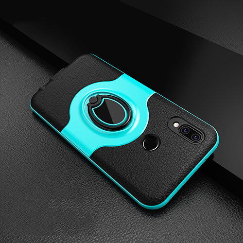 Soft Silicone Gel Leather Snap On Case Cover with Magnetic Finger Ring Stand for Huawei P20 Lite Cyan