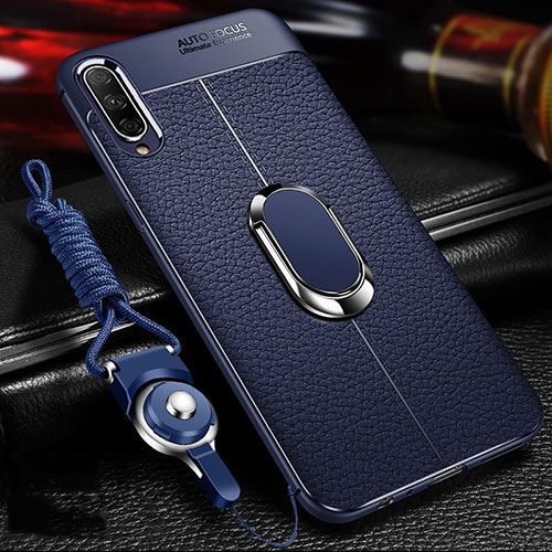 Soft Silicone Gel Leather Snap On Case Cover with Magnetic Finger Ring Stand for Huawei Y9s Blue