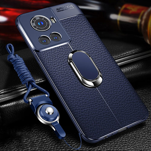 Soft Silicone Gel Leather Snap On Case Cover with Magnetic Finger Ring Stand for OnePlus 10R 5G Blue