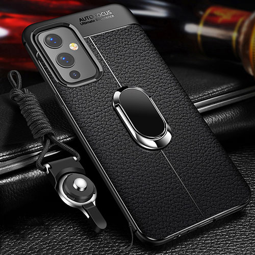 Soft Silicone Gel Leather Snap On Case Cover with Magnetic Finger Ring Stand for OnePlus 9 5G Black