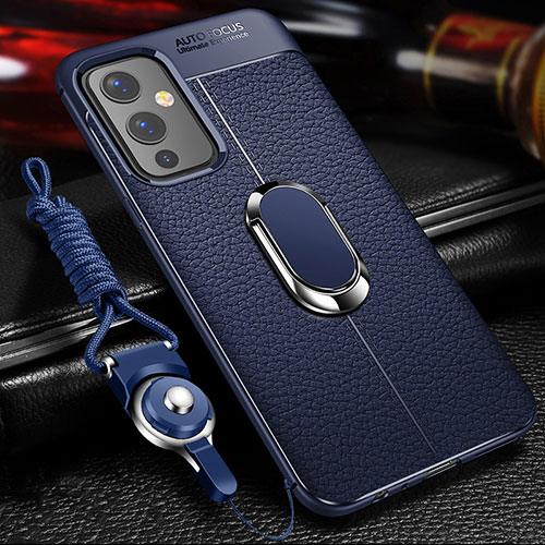 Soft Silicone Gel Leather Snap On Case Cover with Magnetic Finger Ring Stand for OnePlus 9 5G Blue