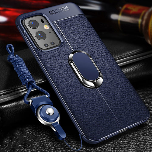 Soft Silicone Gel Leather Snap On Case Cover with Magnetic Finger Ring Stand for OnePlus 9 Pro 5G Blue