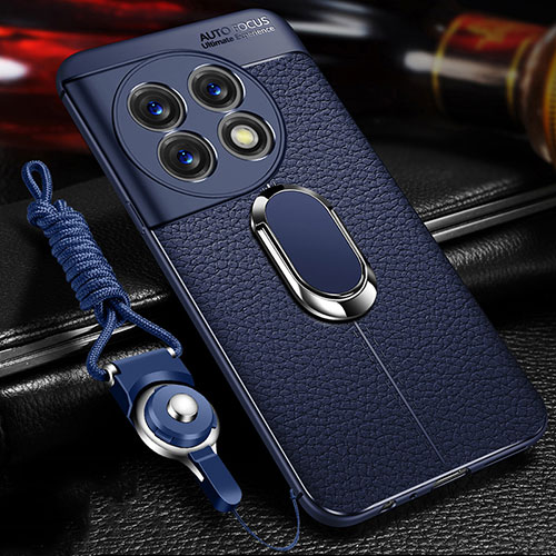 Soft Silicone Gel Leather Snap On Case Cover with Magnetic Finger Ring Stand for OnePlus Ace 2 5G Blue