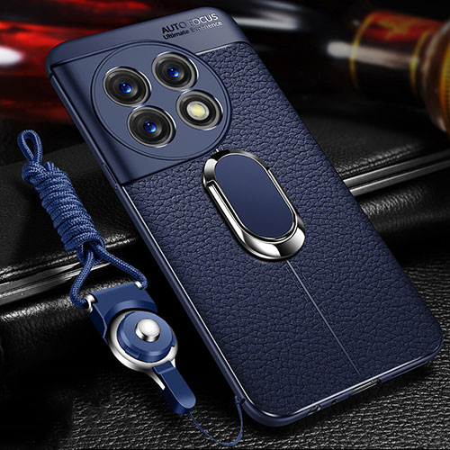 Soft Silicone Gel Leather Snap On Case Cover with Magnetic Finger Ring Stand for OnePlus Ace 2 Pro 5G Blue