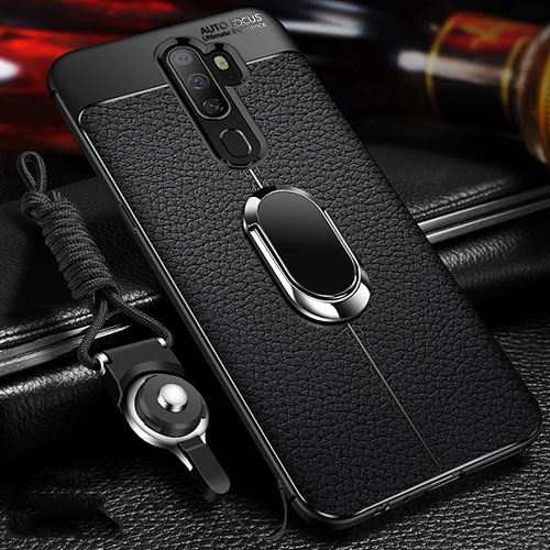 Soft Silicone Gel Leather Snap On Case Cover with Magnetic Finger Ring Stand for Oppo A11 Black