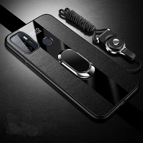 Soft Silicone Gel Leather Snap On Case Cover with Magnetic Finger Ring Stand for Oppo A11s Black