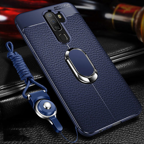 Soft Silicone Gel Leather Snap On Case Cover with Magnetic Finger Ring Stand for Oppo A11X Blue