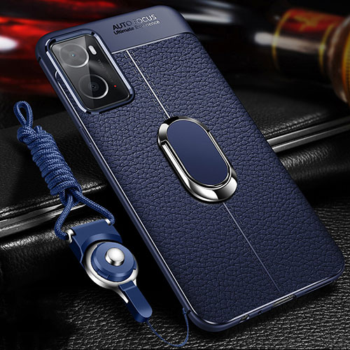 Soft Silicone Gel Leather Snap On Case Cover with Magnetic Finger Ring Stand for Oppo A36 Blue