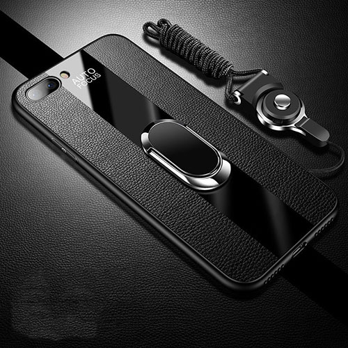 Soft Silicone Gel Leather Snap On Case Cover with Magnetic Finger Ring Stand for Oppo A5 Black