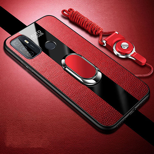 Soft Silicone Gel Leather Snap On Case Cover with Magnetic Finger Ring Stand for Oppo A53s Red