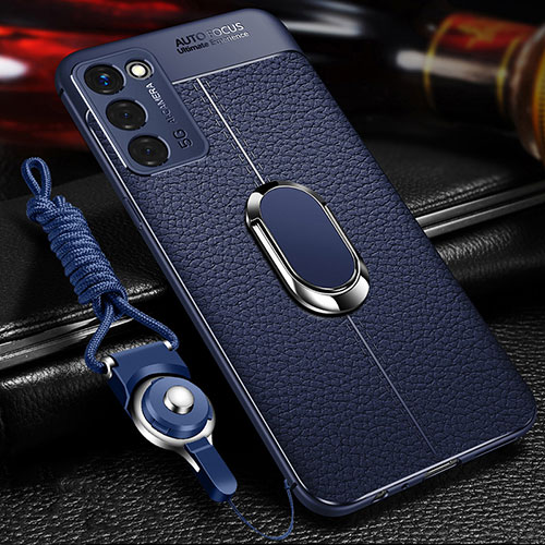 Soft Silicone Gel Leather Snap On Case Cover with Magnetic Finger Ring Stand for Oppo A55 5G Blue