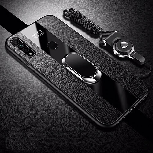 Soft Silicone Gel Leather Snap On Case Cover with Magnetic Finger Ring Stand for Oppo A8 Black