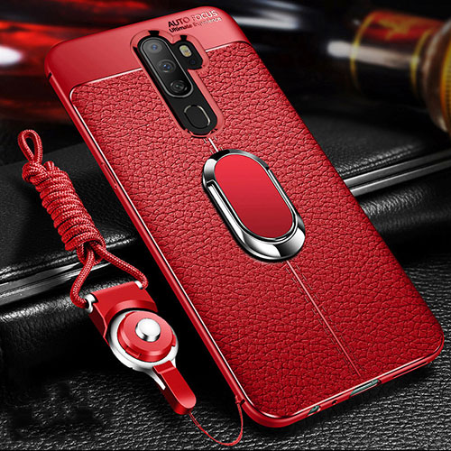 Soft Silicone Gel Leather Snap On Case Cover with Magnetic Finger Ring Stand for Oppo A9 (2020) Red