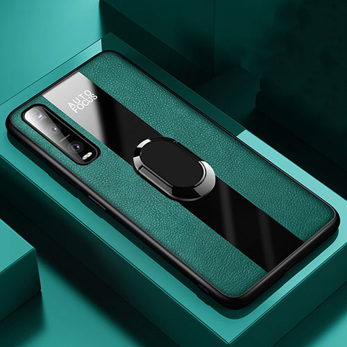 Soft Silicone Gel Leather Snap On Case Cover with Magnetic Finger Ring Stand for Oppo Find X2 Pro Green