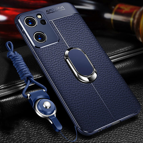 Soft Silicone Gel Leather Snap On Case Cover with Magnetic Finger Ring Stand for Oppo Find X5 Lite 5G Blue