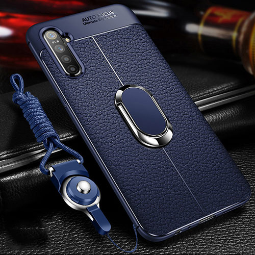 Soft Silicone Gel Leather Snap On Case Cover with Magnetic Finger Ring Stand for Oppo K5 Blue