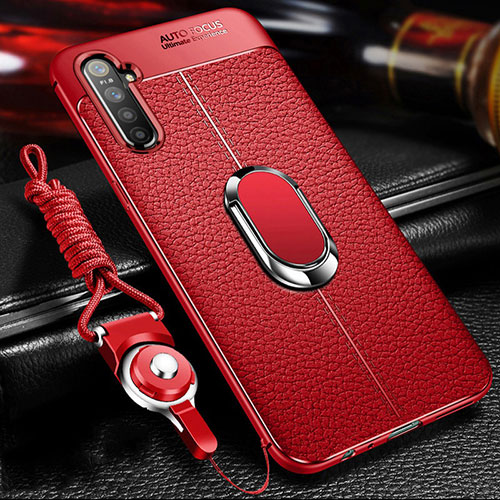 Soft Silicone Gel Leather Snap On Case Cover with Magnetic Finger Ring Stand for Oppo K5 Red