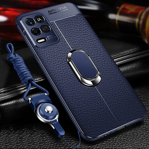 Soft Silicone Gel Leather Snap On Case Cover with Magnetic Finger Ring Stand for Oppo K9X 5G Blue