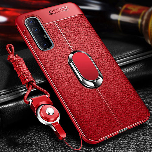 Soft Silicone Gel Leather Snap On Case Cover with Magnetic Finger Ring Stand for Oppo Reno3 Pro Red