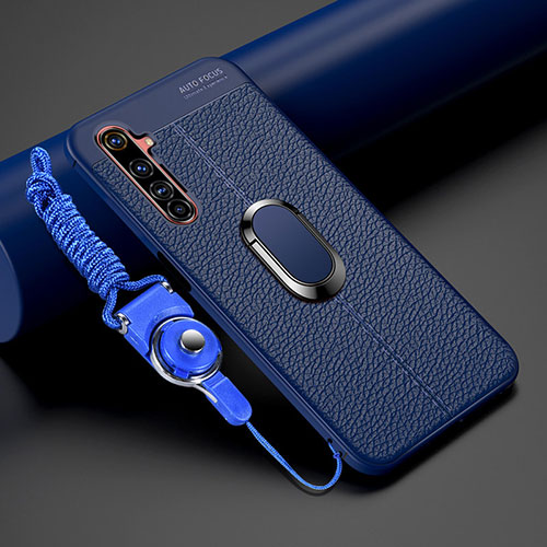 Soft Silicone Gel Leather Snap On Case Cover with Magnetic Finger Ring Stand for Realme 6 Pro Blue