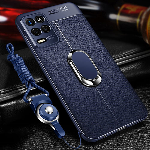 Soft Silicone Gel Leather Snap On Case Cover with Magnetic Finger Ring Stand for Realme 8 5G Blue