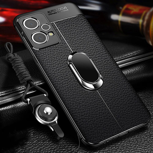 Soft Silicone Gel Leather Snap On Case Cover with Magnetic Finger Ring Stand for Realme 9 4G Black