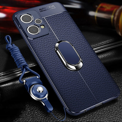 Soft Silicone Gel Leather Snap On Case Cover with Magnetic Finger Ring Stand for Realme 9 Pro 5G Blue