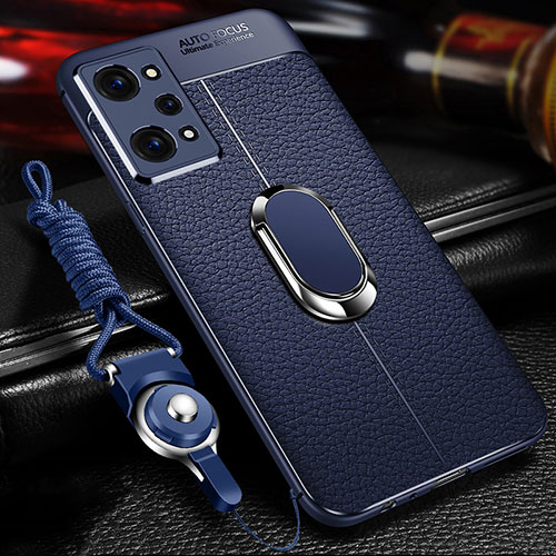 Soft Silicone Gel Leather Snap On Case Cover with Magnetic Finger Ring Stand for Realme GT2 5G Blue