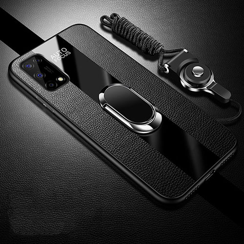 Soft Silicone Gel Leather Snap On Case Cover with Magnetic Finger Ring Stand for Realme Narzo 30 Pro 5G Black